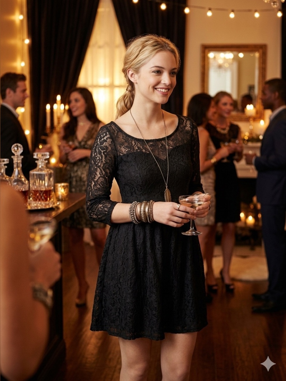FREE PEOPLE Shake It Up Black Lace Dress 3/4 Sleeve skater fit and flare